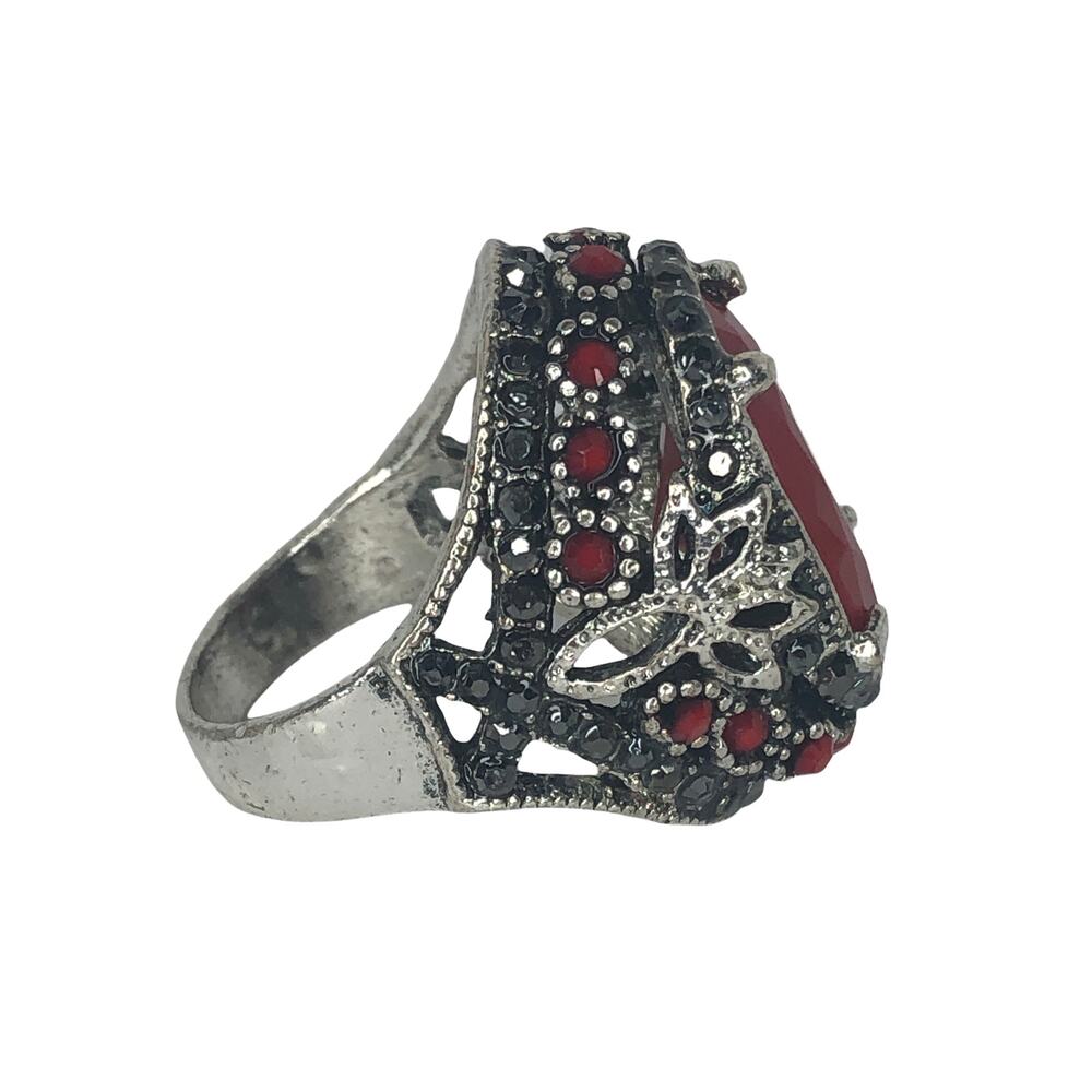 Silver and Red Rhinestone Statement Ring - Size 9 - Picture 5 of 6